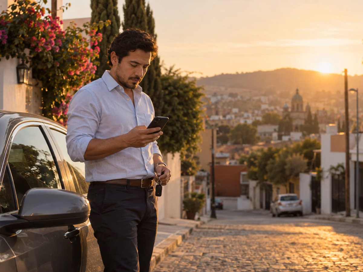 Agente de seguros revisando su teléfono junto a su coche